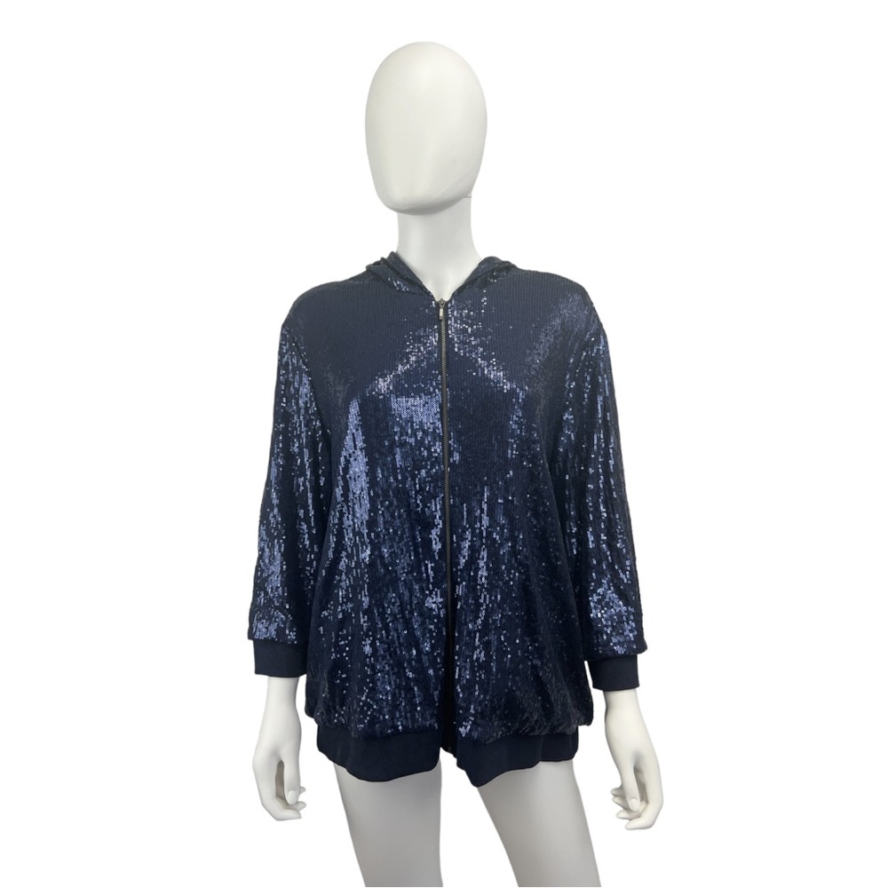 Chico’s Zenergy Navy Blue Sequined Hooded Jacket, NWT E0669